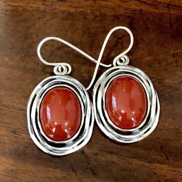 SHABLOOL DIDAE Carnelian Cabochon Nested In Sterling Silver Drop Earrings - Picture 7 of 7